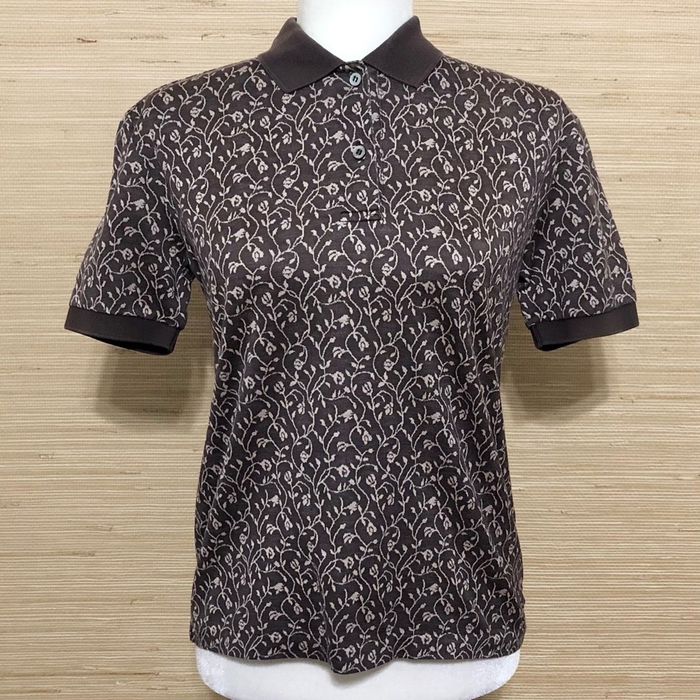 ASTRA Classic Brown Rose Print Cotton Collar Quarter Button Up Top XS